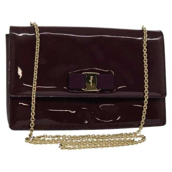 Salvatore Ferragamo Vala Chain Shoulder Bag Patent Purple Gold - Picture 1 of 16
